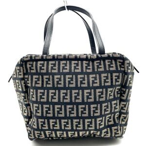 Authentic Fendi Zucchino Pattern Canvas Black x Beige Small Handbag